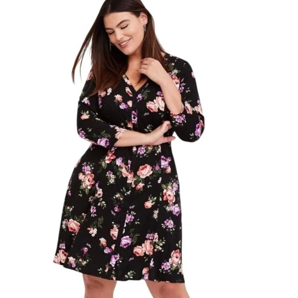 Torrid Black Floral Challis Button Down Trapeze Midi Dress - Picture 2 of 15